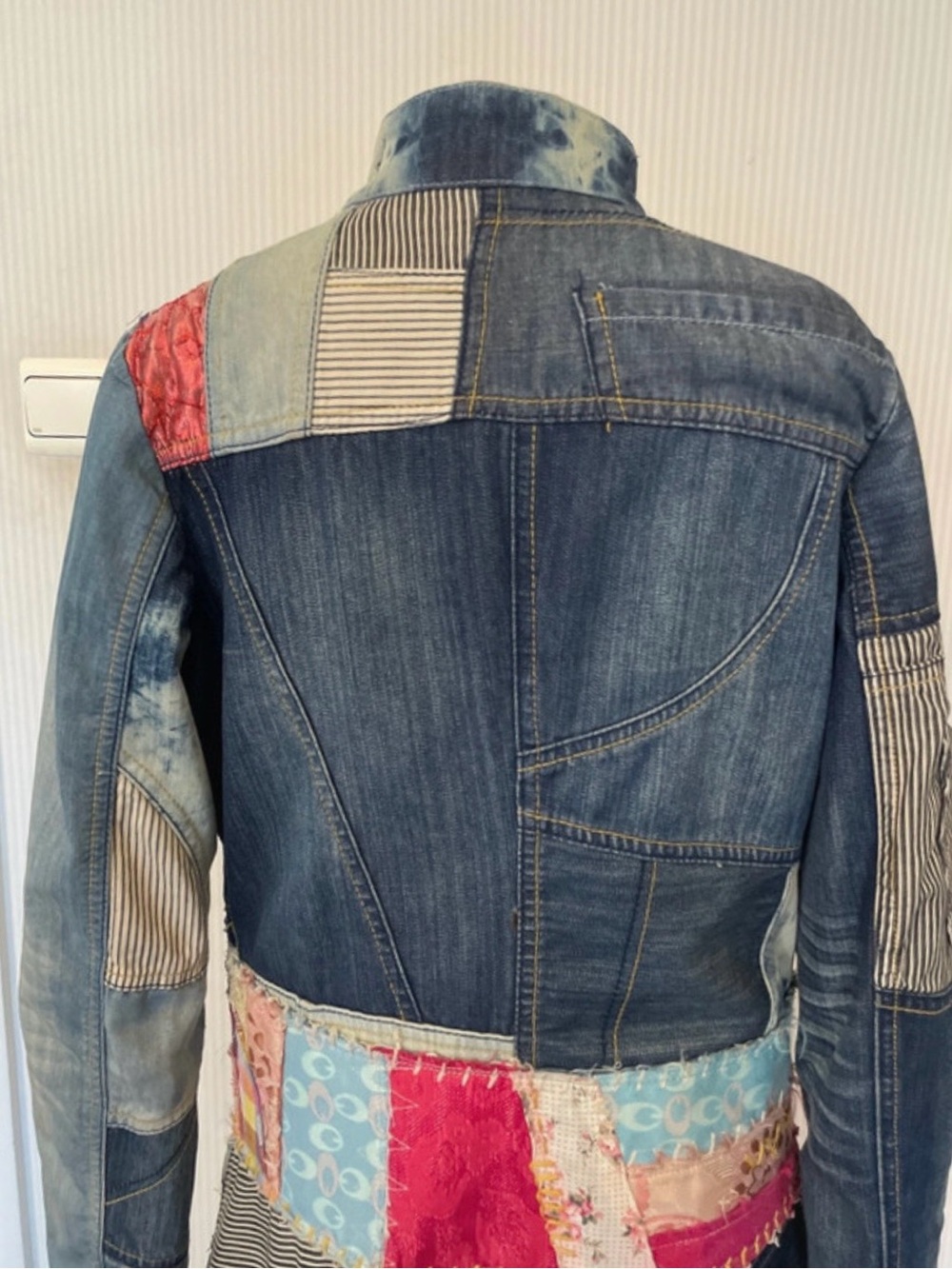 Desigual Patchwork Denim Coat in Light & Dark Blues, Collage & Colorful Buttons - Picture 4 of 14